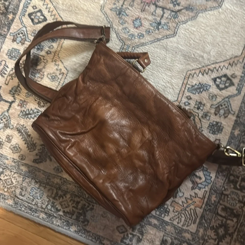 Goats Leather Tote Handbag Brown Shoulder Bag with cross body strap